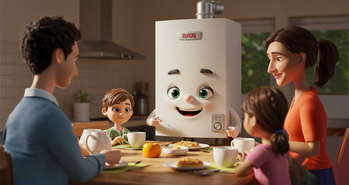  A family enjoying breakfast together in a cozy kitchen, with a gas boiler visible in the background. 
