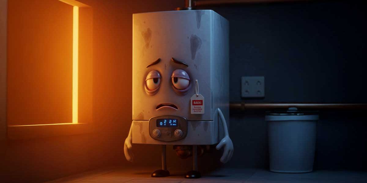 Cartoon water heater with a sad face, expressing disappointment or malfunction.